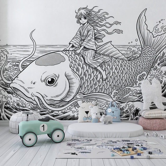 Papier peint chambre enfant | Enfant sur un poisson géant dans des vagues tumultueuses