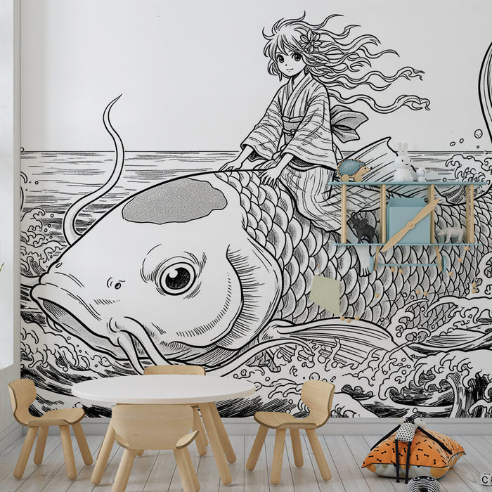 Papier peint chambre enfant | Enfant sur un poisson géant dans des vagues tumultueuses