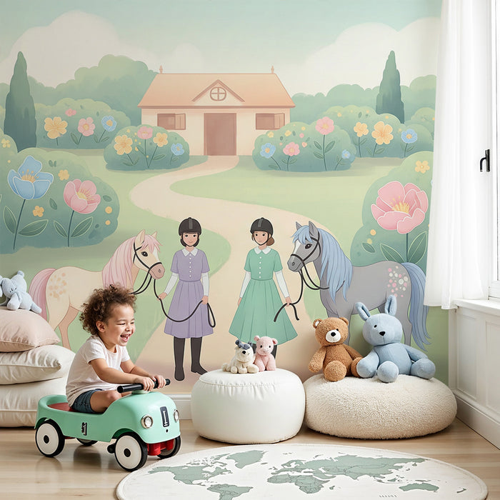 Papier peint chambre enfant | Enfants et poneys dans un jardin fleuri