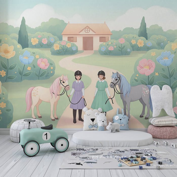 Papier peint chambre enfant | Enfants et poneys dans un jardin fleuri