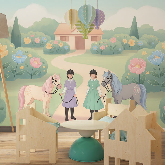Papier peint chambre enfant | Enfants et poneys dans un jardin fleuri