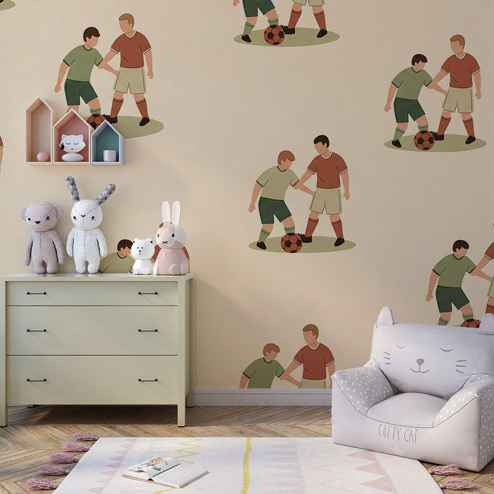 Kinderkamer behang | Kinderen spelen voetbal op een zachte achtergrond