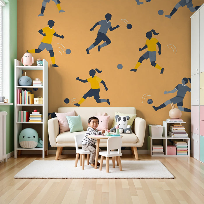 Papel de parede para quarto de criança | Crianças a jogar futebol sobre fundo laranja