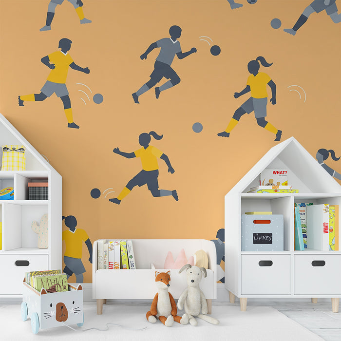 Papel de parede para quarto de criança | Crianças a jogar futebol sobre fundo laranja