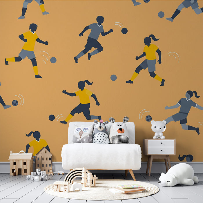 Papel de parede para quarto de criança | Crianças a jogar futebol sobre fundo laranja