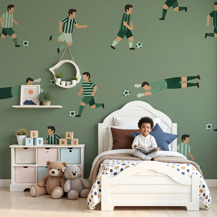 Papel pintado infantil | Niños jugando al fútbol sobre fondo verde