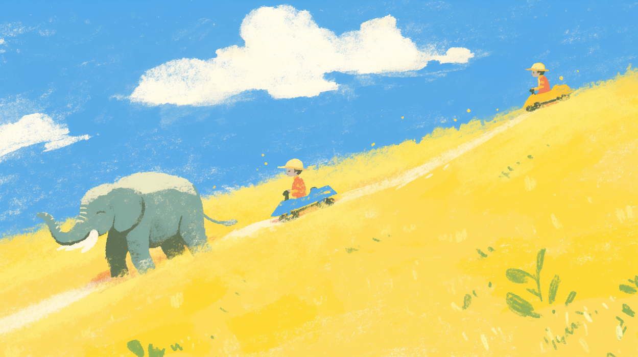 Papier peint chambre enfant Enfants jouant avec un éléphant sur une colline ensoleillée