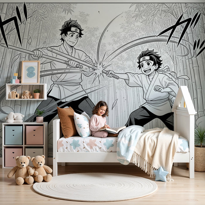 Papel pintado infantil | Ninjas jugando en un bosque de bambú