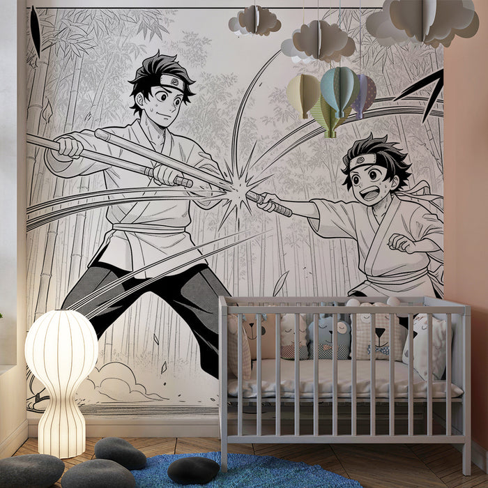Papel pintado infantil | Ninjas jugando en un bosque de bambú