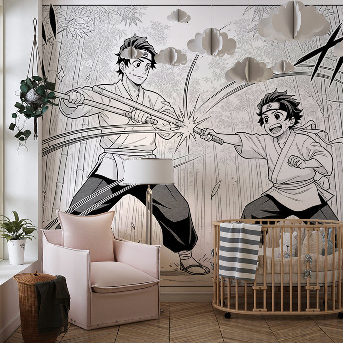 Papel pintado infantil | Ninjas jugando en un bosque de bambú