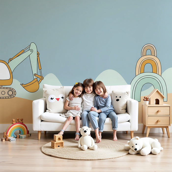 Children's bedroom wallpaper | Construction vehicles and colorful arches on a soft background