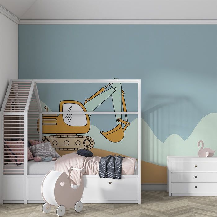 Children's bedroom wallpaper | Construction vehicles and colorful arches on a soft background