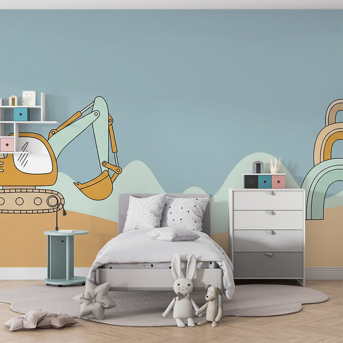Children's bedroom wallpaper | Construction vehicles and colorful arches on a soft background