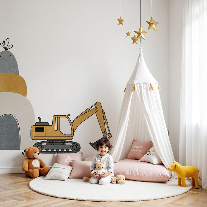 Papier peint chambre enfant | Engin de chantier et collines colorées