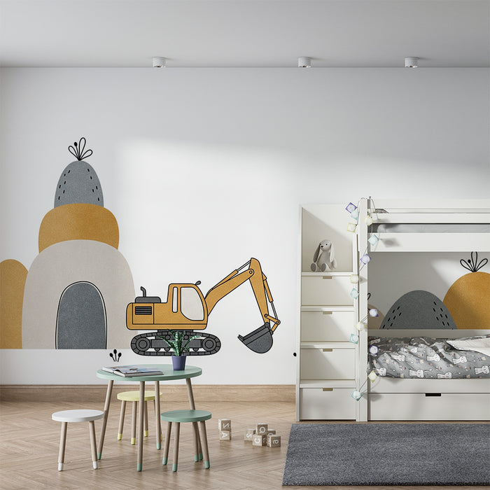 Papier peint chambre enfant | Engin de chantier et collines colorées