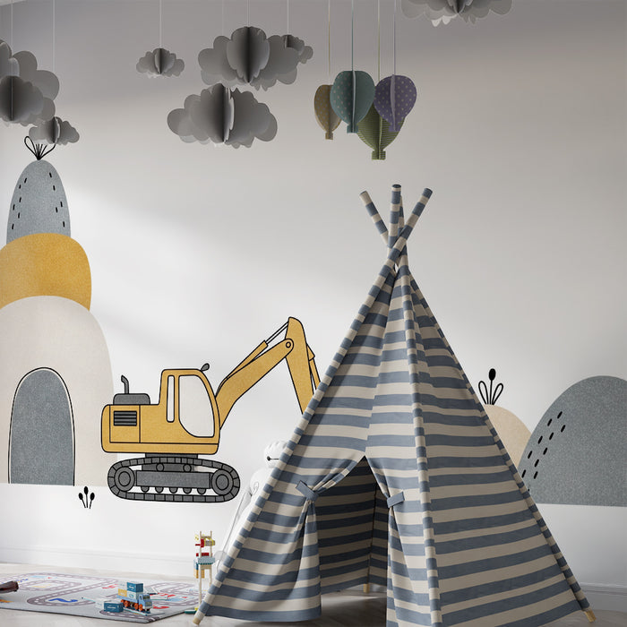 Papier peint chambre enfant | Engin de chantier et collines colorées