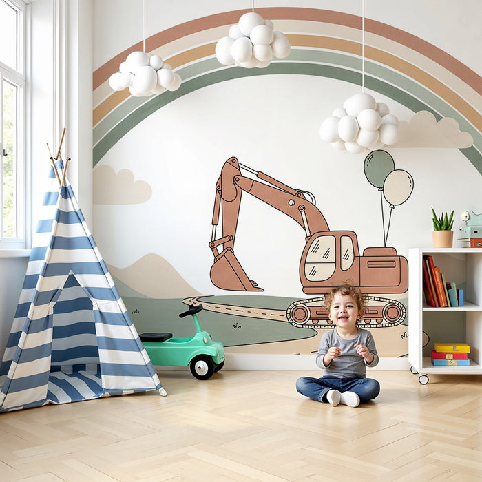 Papier peint chambre enfant | Engin de chantier joyeux sous un arc-en-ciel
