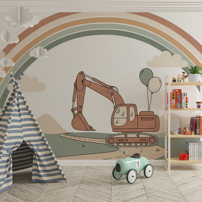 Papier peint chambre enfant | Engin de chantier joyeux sous un arc-en-ciel