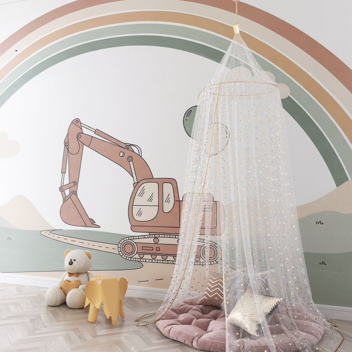 Papier peint chambre enfant | Engin de chantier joyeux sous un arc-en-ciel