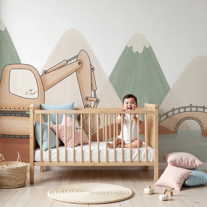 Kinderzimmer Tapete | Süßes Baustellenfahrzeug in den Bergen