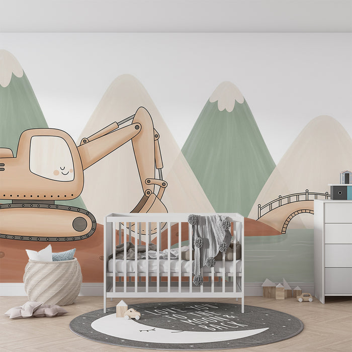 Kinderzimmer Tapete | Süßes Baustellenfahrzeug in den Bergen