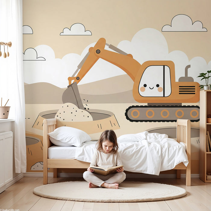 Kinderkamerbehang | Schattig bouwvoertuig in een woestijnlandschap