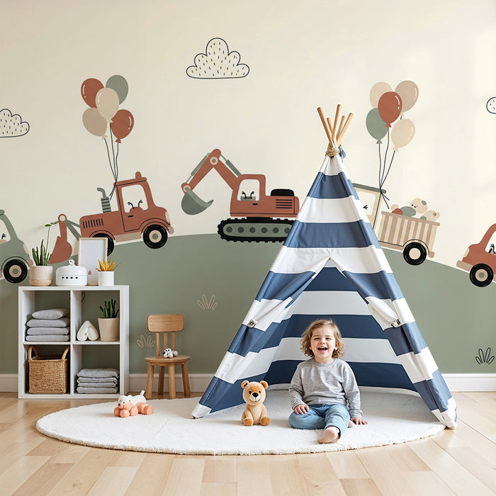 Papel pintado infantil | Vehículos de construcción divertidos con globos de colores
