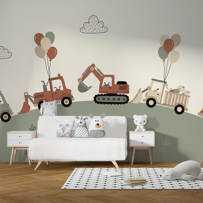 Papel pintado infantil | Vehículos de construcción divertidos con globos de colores