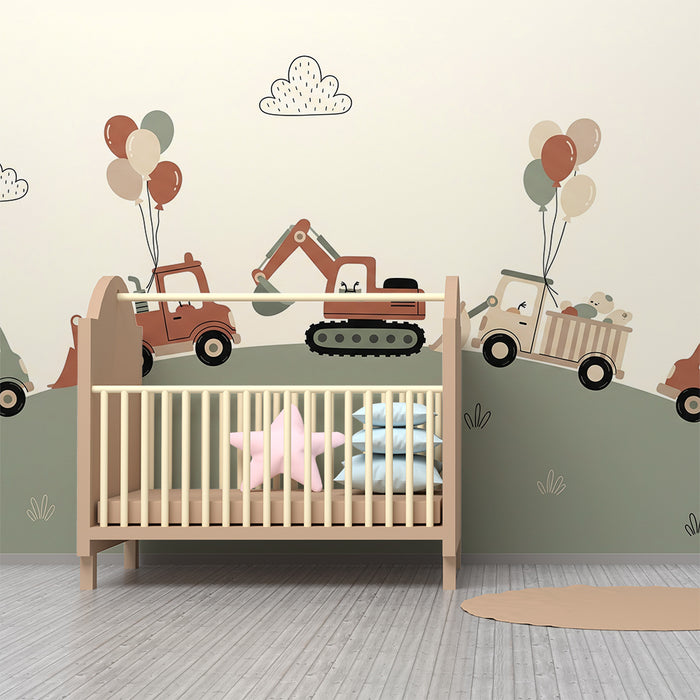Papel pintado infantil | Vehículos de construcción divertidos con globos de colores