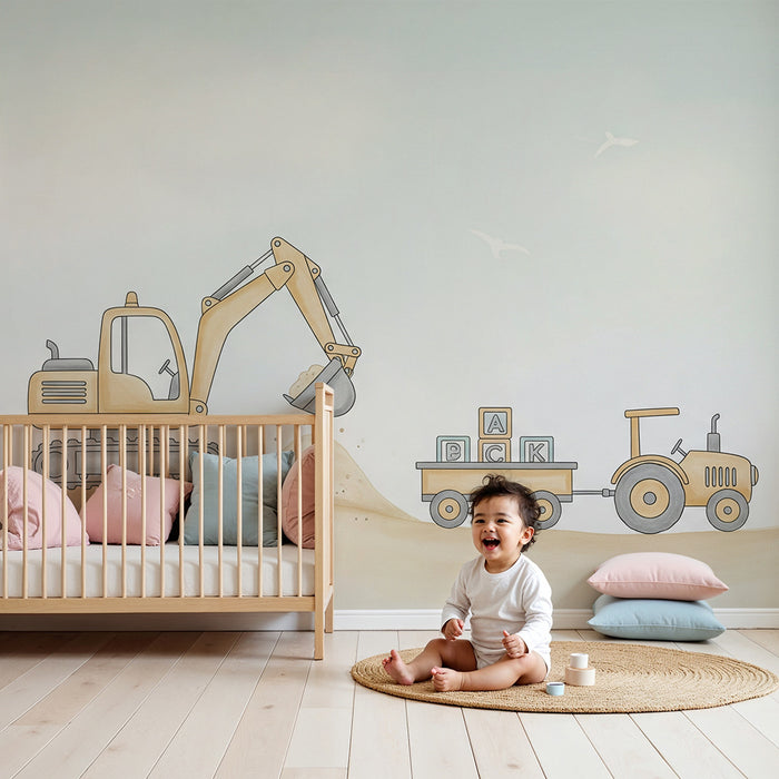 Papier peint chambre enfant | Engins de chantier avec pelleteuse et tracteur