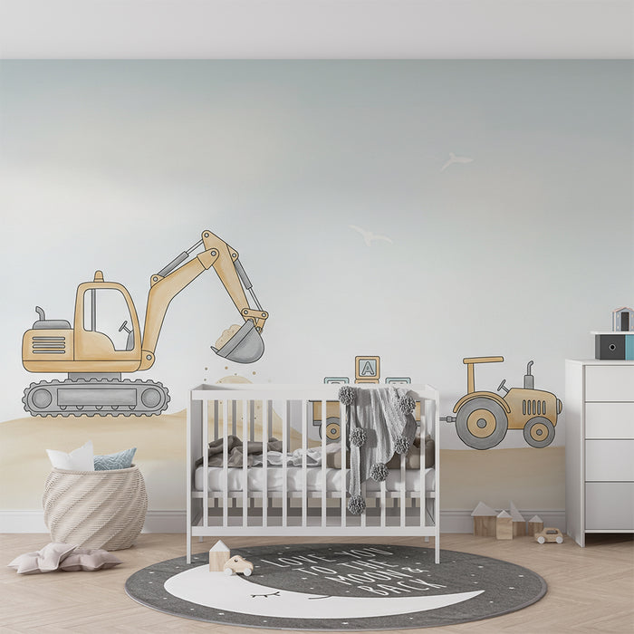 Papier peint chambre enfant | Engins de chantier avec pelleteuse et tracteur
