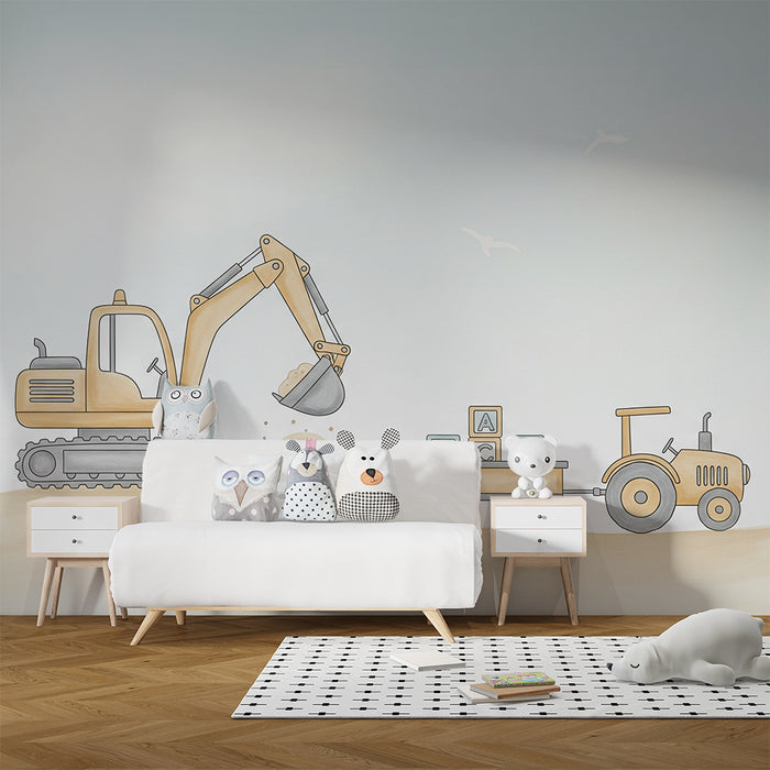 Papier peint chambre enfant | Engins de chantier avec pelleteuse et tracteur