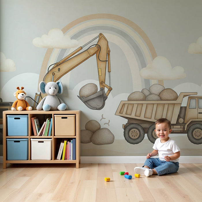 Papier peint chambre enfant | Engins de chantier avec un arc-en-ciel doux