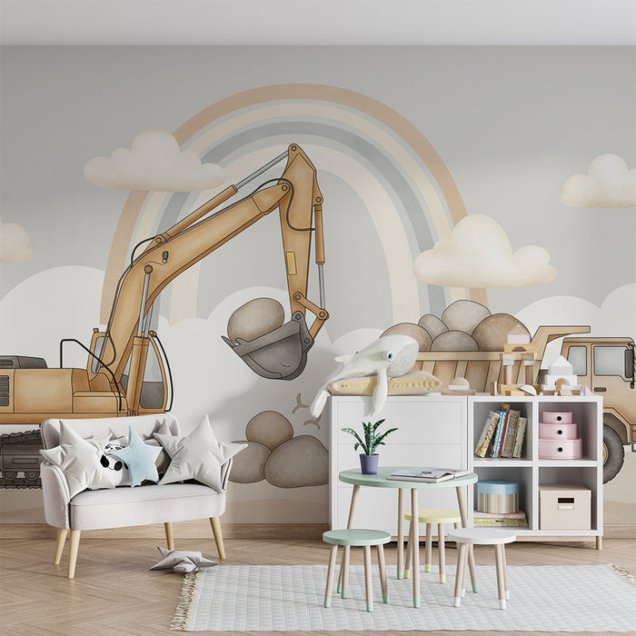 Papier peint chambre enfant | Engins de chantier avec un arc-en-ciel doux