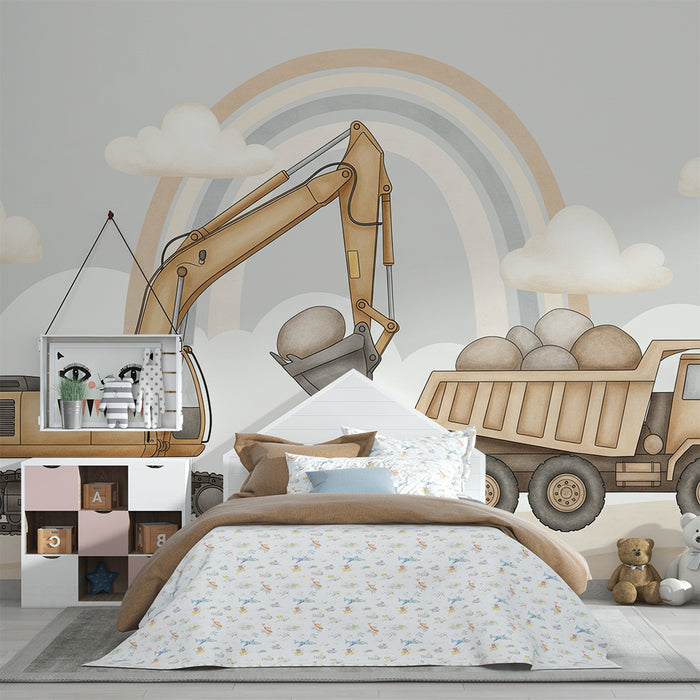 Papier peint chambre enfant | Engins de chantier avec un arc-en-ciel doux