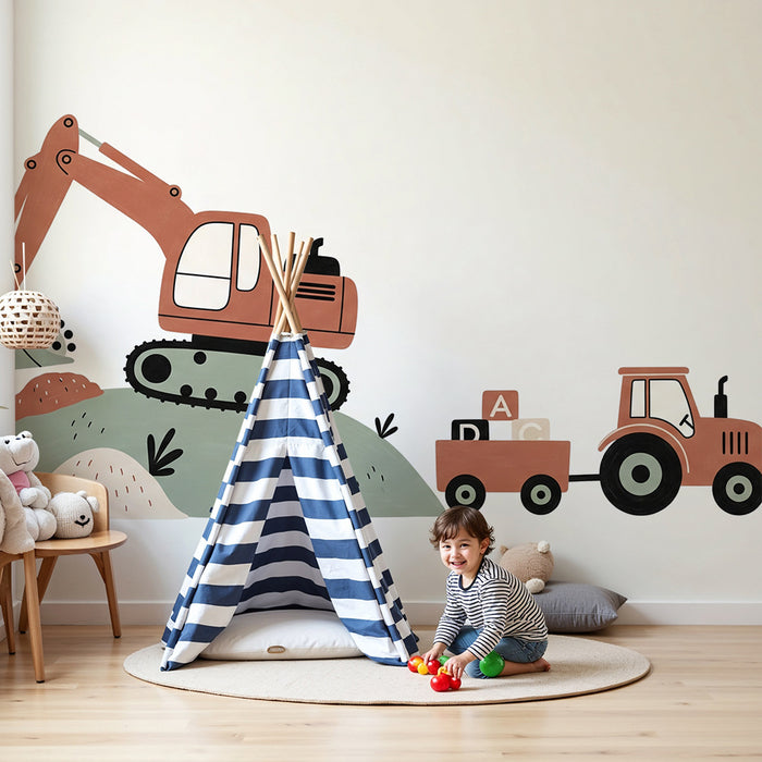 Papel de parede infantil | Máquinas de construção coloridas com escavadora e trator