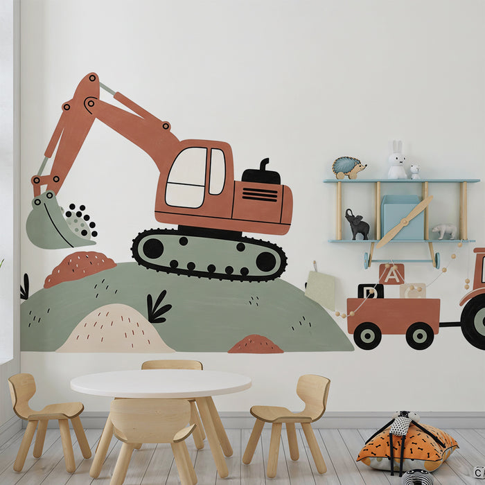 Papel de parede infantil | Máquinas de construção coloridas com escavadora e trator