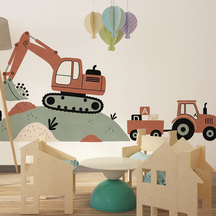 Papel de parede infantil | Máquinas de construção coloridas com escavadora e trator