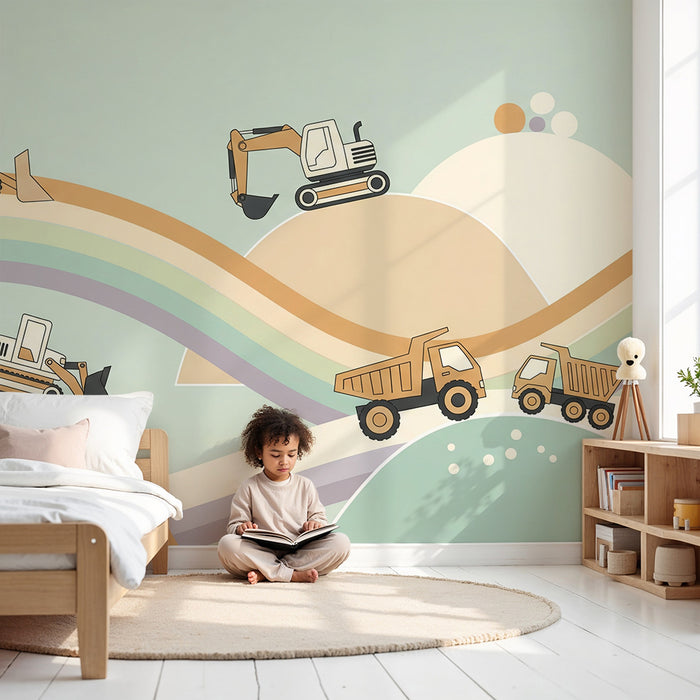 Papier peint chambre enfant | Engins de chantier colorés sur des collines douces