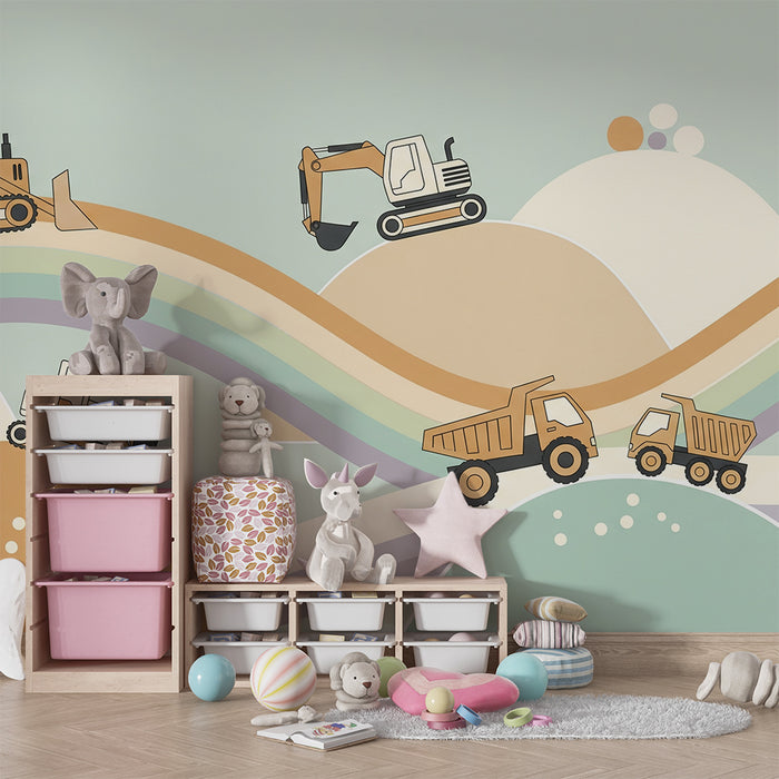 Papier peint chambre enfant | Engins de chantier colorés sur des collines douces