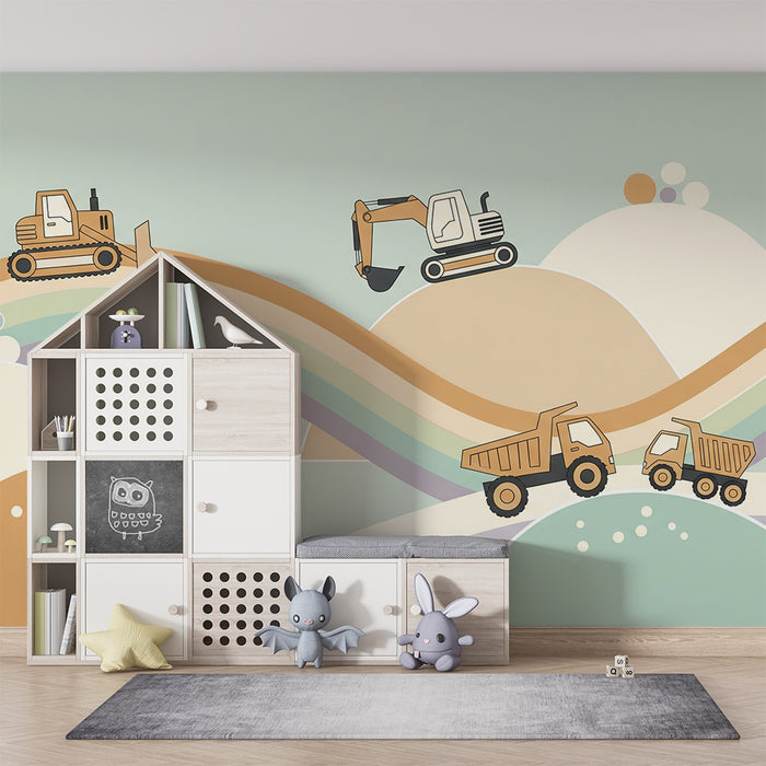 Papier peint chambre enfant | Engins de chantier colorés sur des collines douces