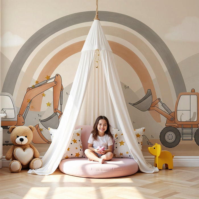 Carta da parati per camera bambini | Macchine da cantiere e arcobaleno in un ambiente morbido