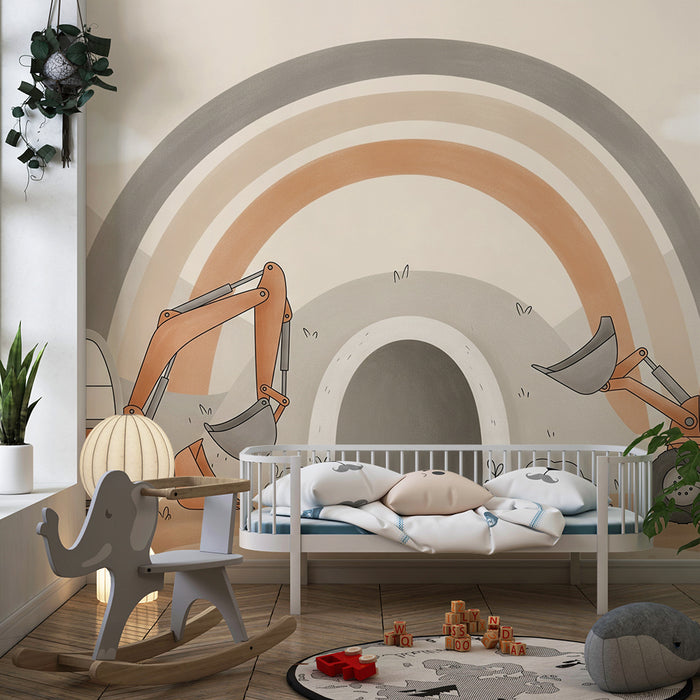 Carta da parati per camera bambini | Macchine da cantiere e arcobaleno in un ambiente morbido