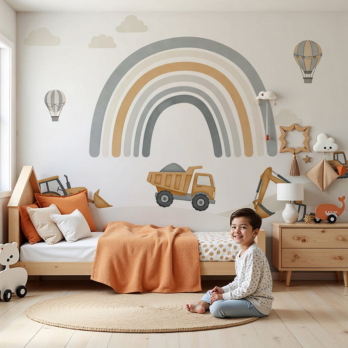 Papier peint chambre enfant | Engins de chantier et arc-en-ciel dans un paysage doux
