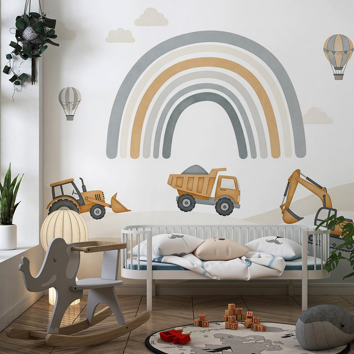 Papier peint chambre enfant | Engins de chantier et arc-en-ciel dans un paysage doux