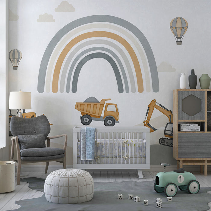 Papier peint chambre enfant | Engins de chantier et arc-en-ciel dans un paysage doux