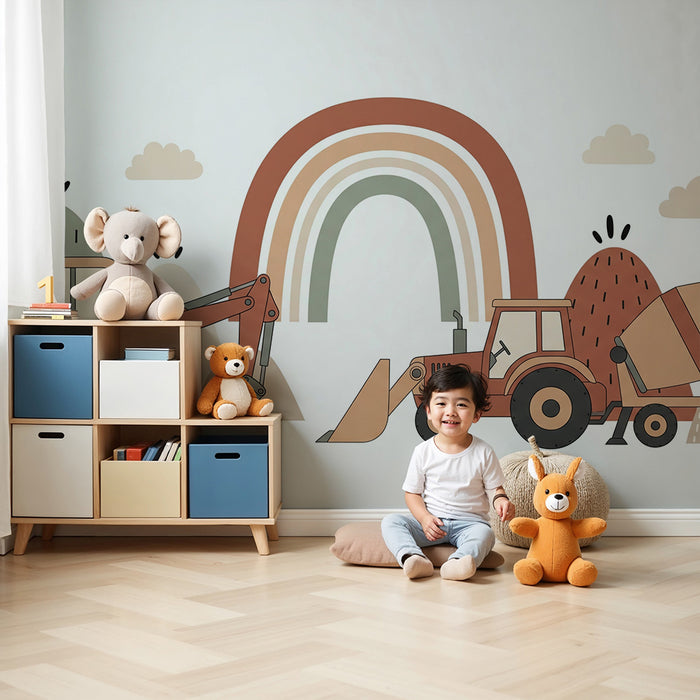 Children's bedroom wallpaper | Construction vehicles and rainbow in a playful landscape
