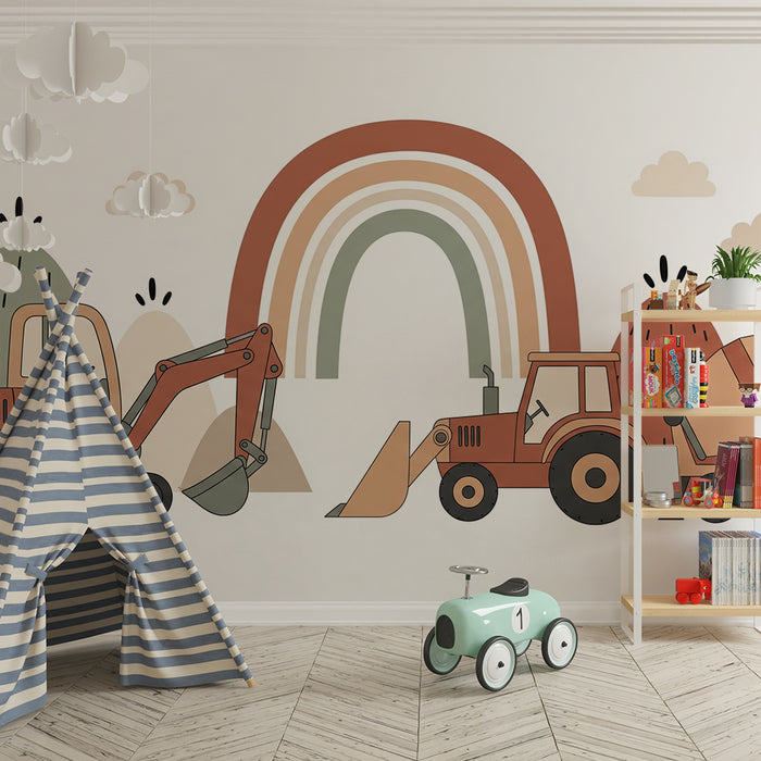 Children's bedroom wallpaper | Construction vehicles and rainbow in a playful landscape