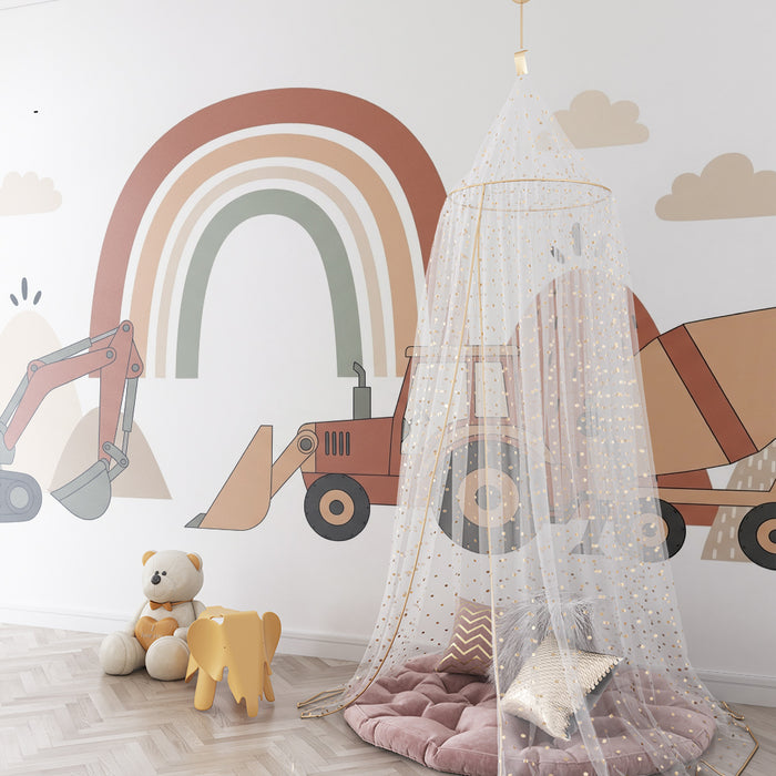 Children's bedroom wallpaper | Construction vehicles and rainbow in a playful landscape