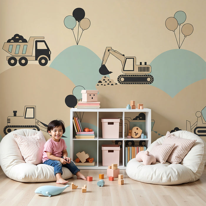 **Text tradus:**

Tapet cameră copii | Utilaje de construcții și baloane colorate pe dealuri line